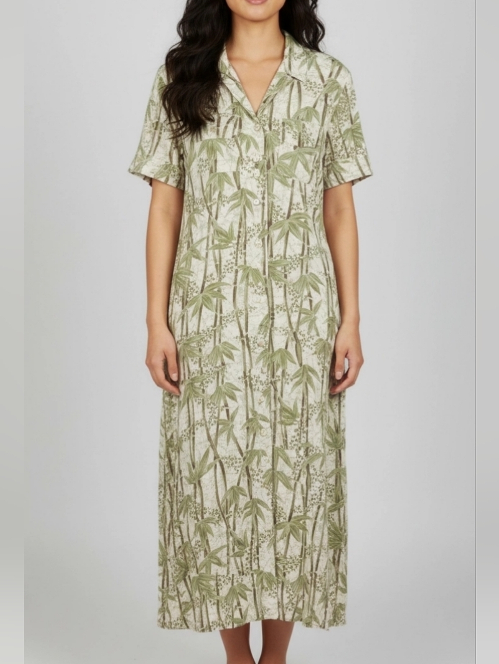 Bahama Beach Womens Bamboo Tropical Print Full Front Button Shirt Dress Sz M